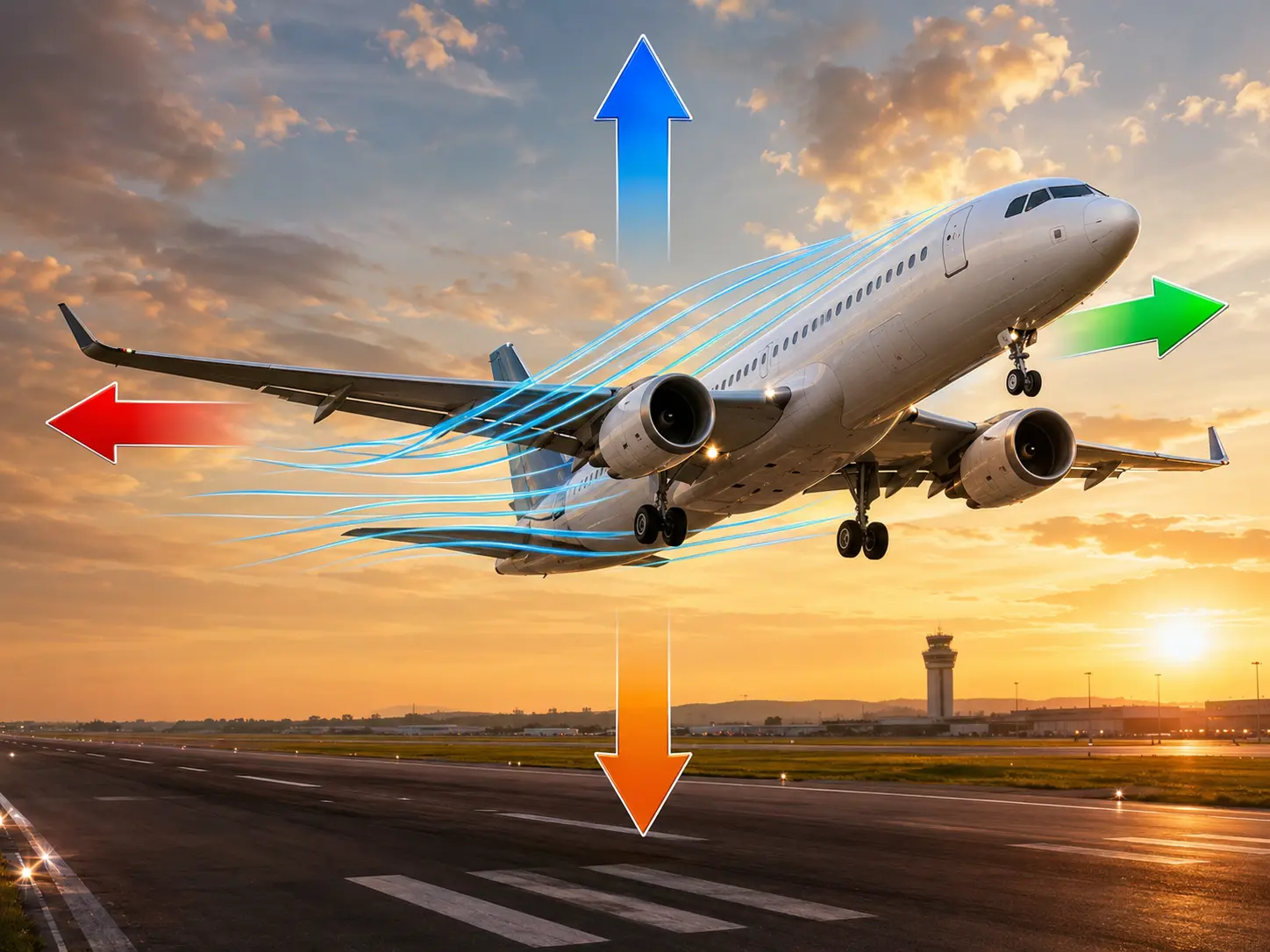 How Planes Fly Featured Banner showing aircraft taking off with lift thrust drag and gravity