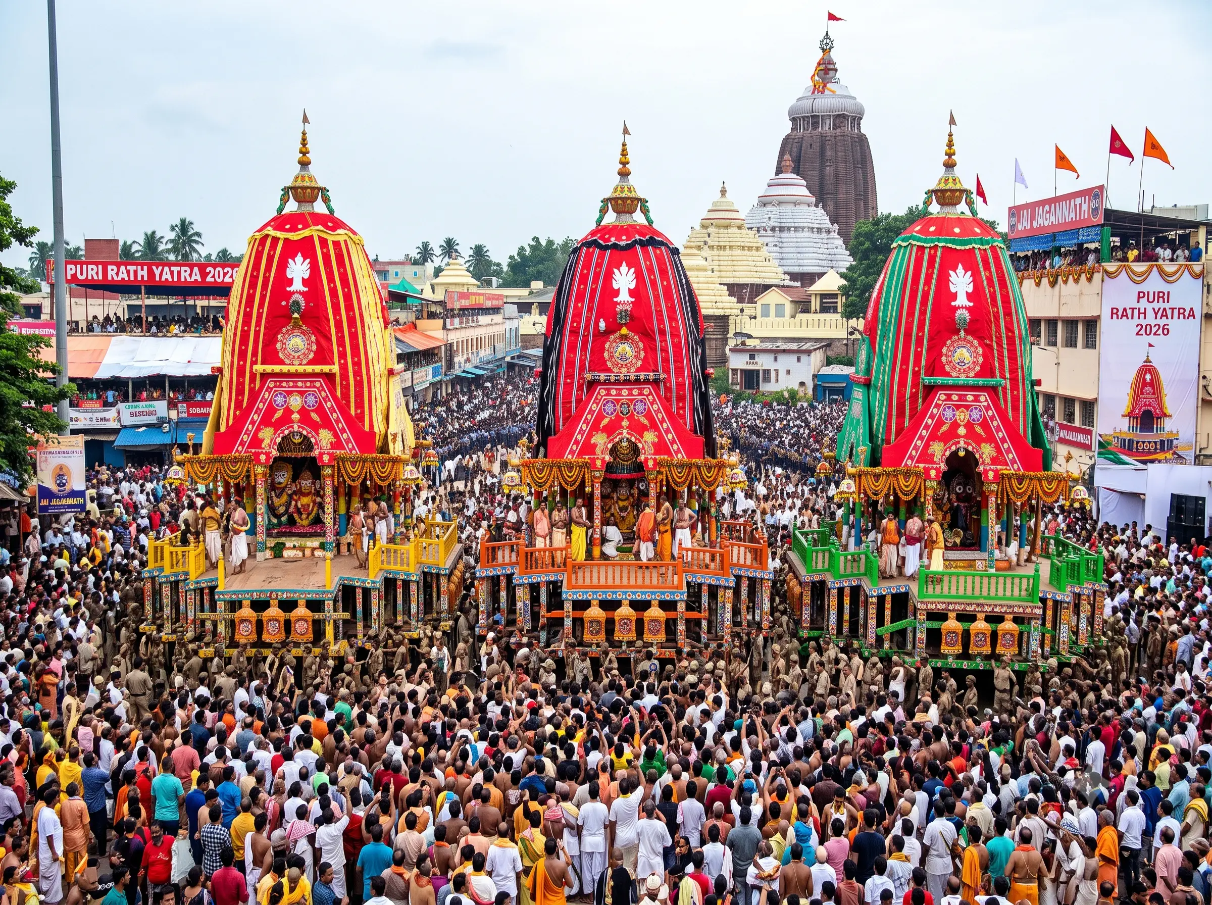 Puri Rath Yatra 2026 Chariots standing in front of the Jagannath Temple