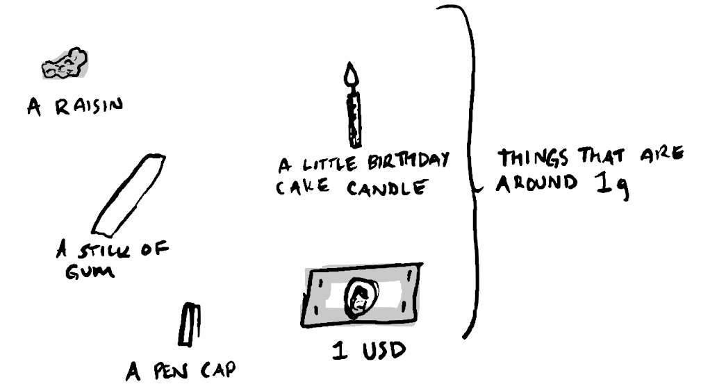 Things that are around a gram: a raisin, a stick of gum, a little birthday candly, 1 USD, a pen cap.