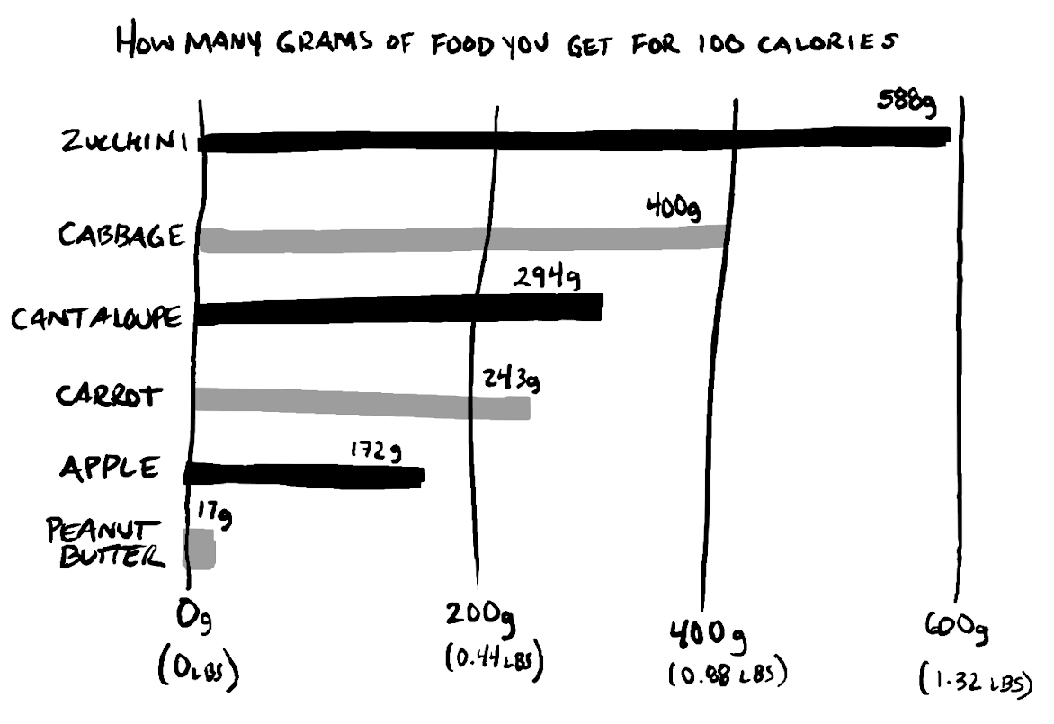 How many grams of food you get for 100 calories. Zucchini: 588g, cabbage: 400g, cantaloupe 294g, carrot 243g, apple 172g, Peanut butter 17g.