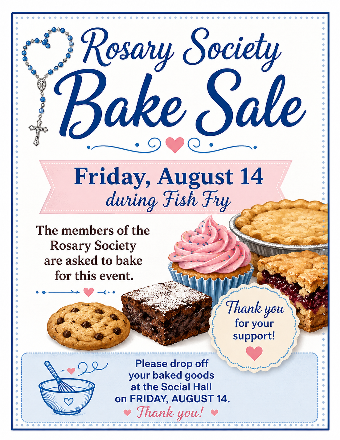 Rosary Society Bake Sale flyer — Friday, August 14 during Fish Fry