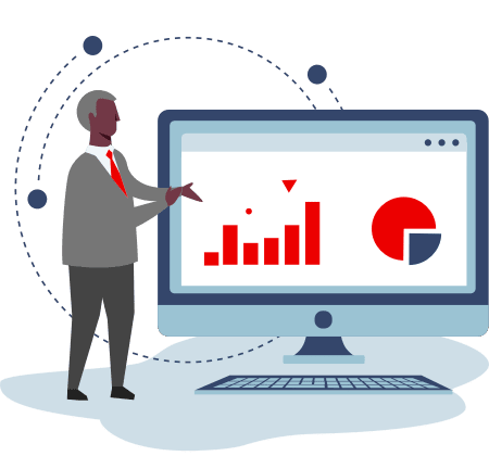 Illustration of a CEO next to a giant computer with charts
