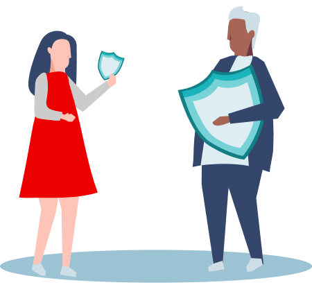 Illustration of two people talking hold shields that represent safety