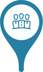 A location marker with a group of professionals in the center