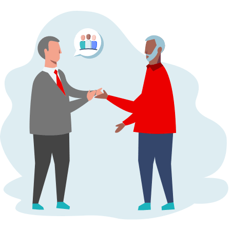Illustration of two people shaking hands talkin abstractly about strategy