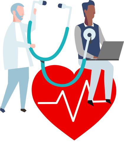 A man sitting on a giant heart, a doctor is holding a giant stethoscope next to him