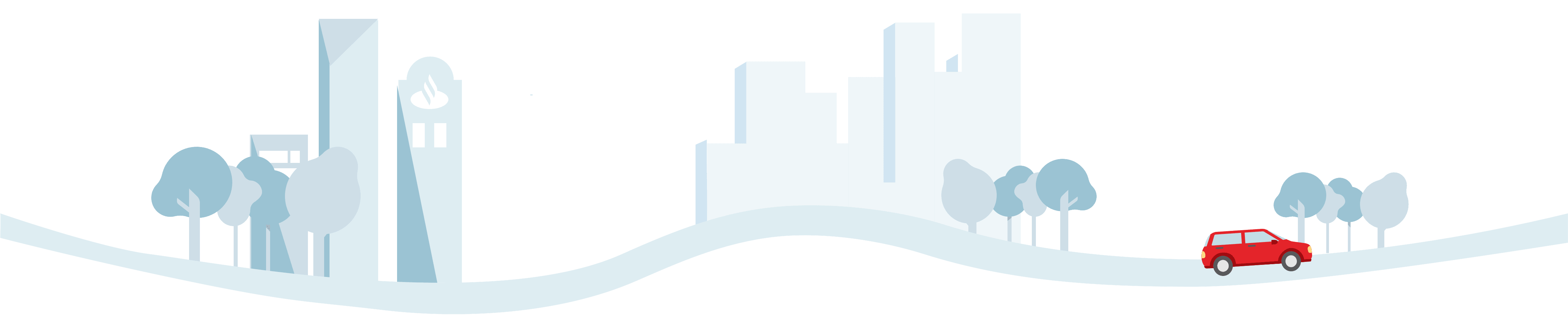 An landscape with trees, distant buildings and long road