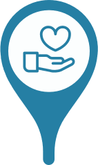 A location marker with hand holding a hovering heart in the center