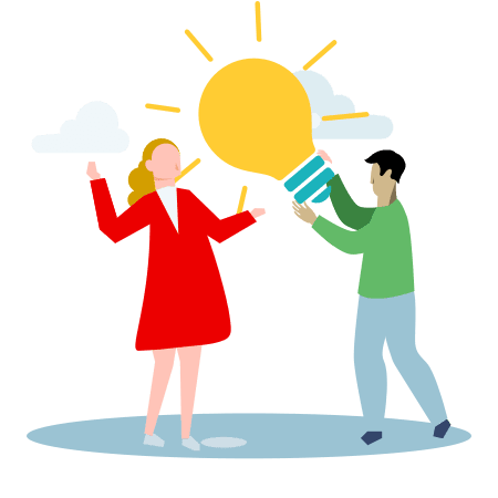 Illustration of a person handing a giant light bulb to antother who is excited to receive it