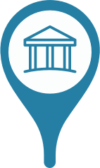 A location marker with a building in the center