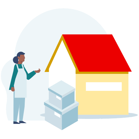 Illustration of a house with a person in an apron next to some boxes
