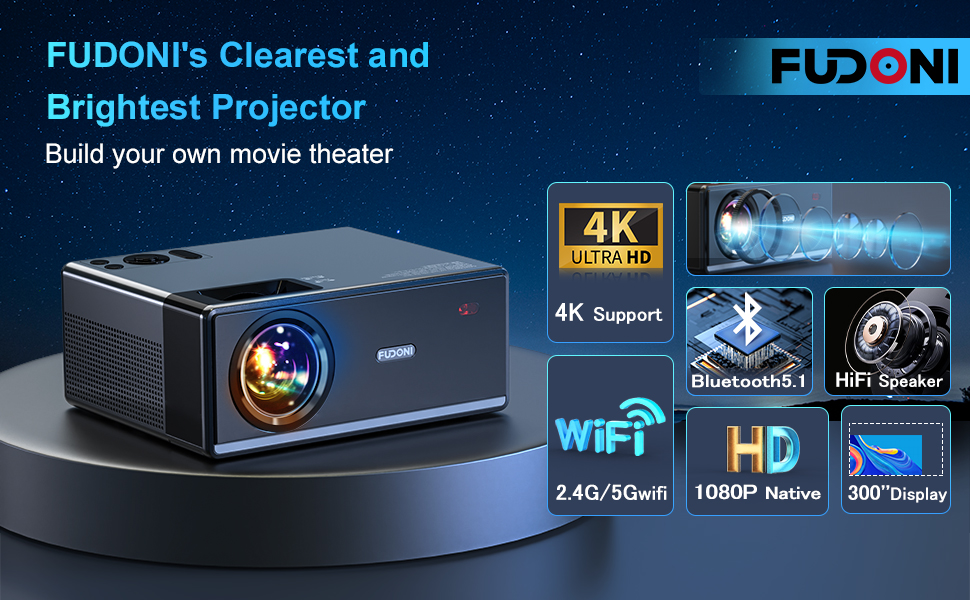 Projector with WiFi and Bluetooth, 5G WiFi Projector 4K Supported Nati –  FUDONI