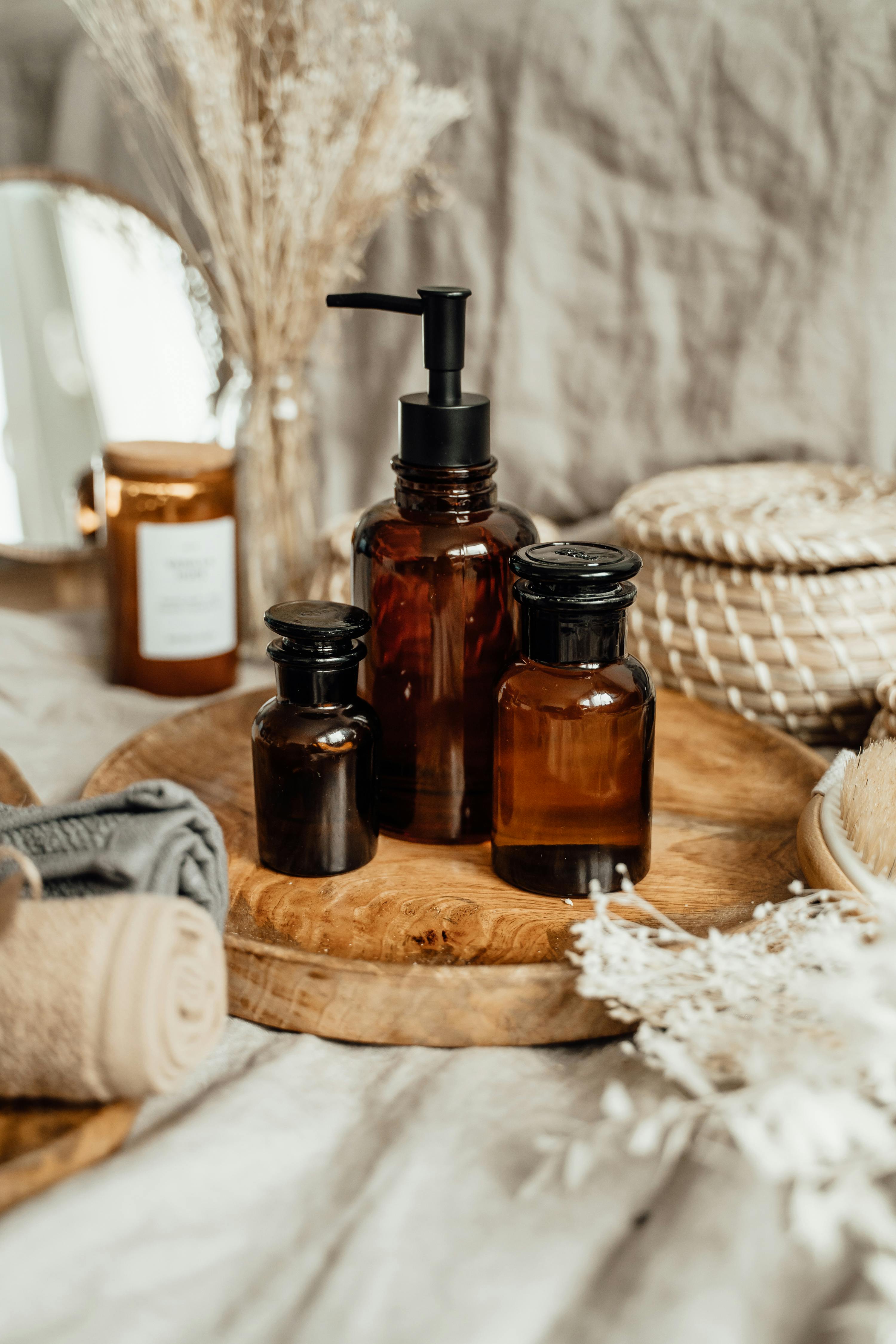 Wellness and skincare products in a natural spa-style setting