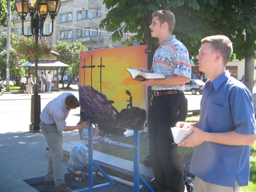 Bryan preaches on the street in Lviv, 2006.