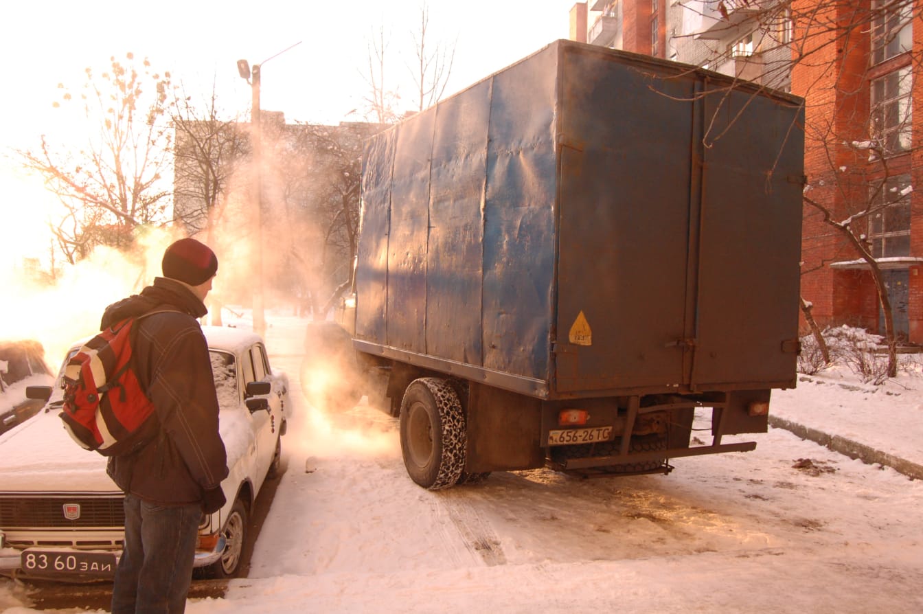 The delivery truck pulls into position near our ministry center in Lviv.