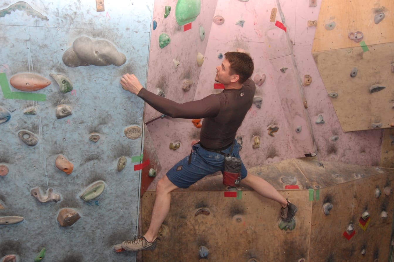 These are bouldering walls, so we were only climbing a short way off the ground. The slanted walls force you to build arm strength.