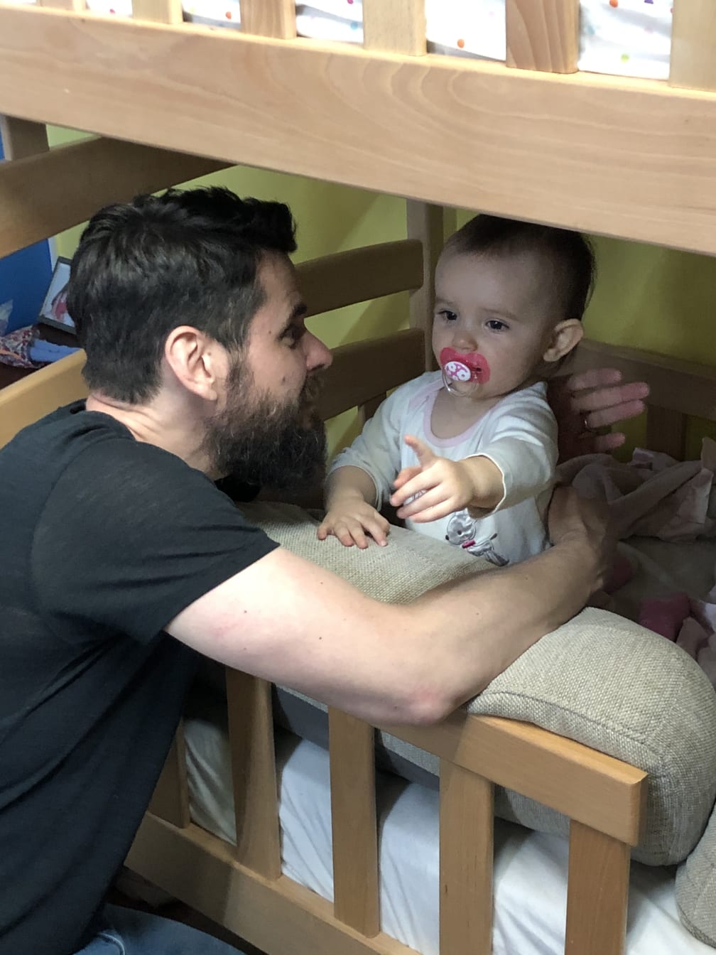 “OK, Mia here’s the deal. This is your new bed. This is where you will go night-night. So lie down and go to sleep. Yes, right here. OK niiiiight night.” Why do I feel like I’m in that bedtime scene from Monsters, Inc?