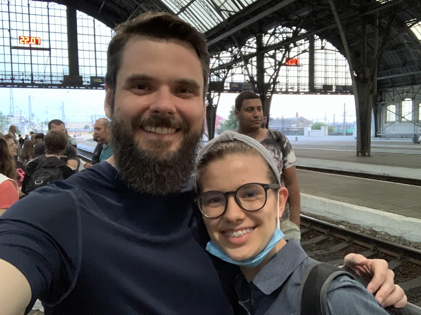Daddy and Abby share a final selfie before Abby departs by train for a summer camp in Odessa.