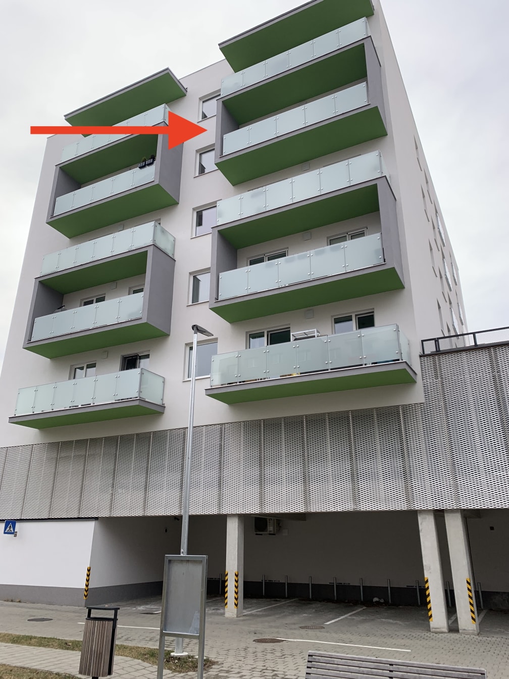 Our apartment building from the outside. (See our very unique balcony? 😉) This building is pretty new, constructed in 2020!