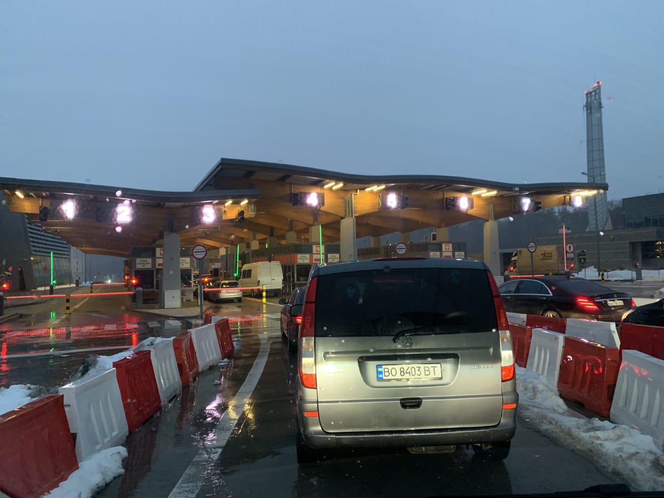 Approaching passport control on our way into Ukraine