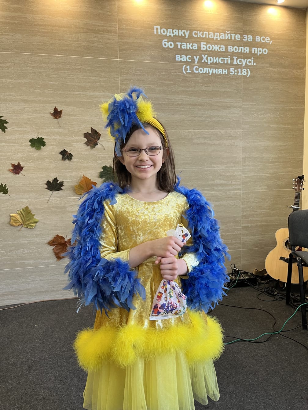 Kathryn recently took part in a play done by our church at both the school and the Sunday-morning service. The theme of the play was gratefulness. The verse projected on the wall behind her is 1 Thessalonians 5:18.