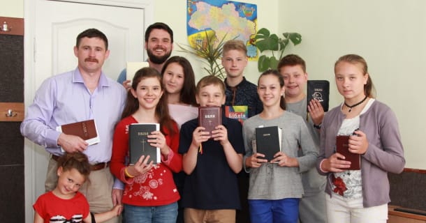 Meet some of the young people of Bible First Kids - a new class we’ve started at our church here in Lviv. From the left: Pastor Vladyslav (with Sofia), Abigail, Joshua (back), Anya, Bohdan, Timothy, Anya, Matthew, Maria.