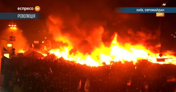 This screenshot, taken on the night of February 18, offers a glimpse of the violence and turmoil that recently gripped Ukraine’s capital city, Kyiv.