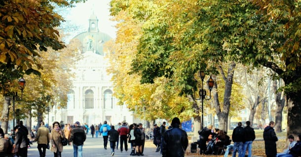 The center of Lviv, looking towards the Opera Theater
