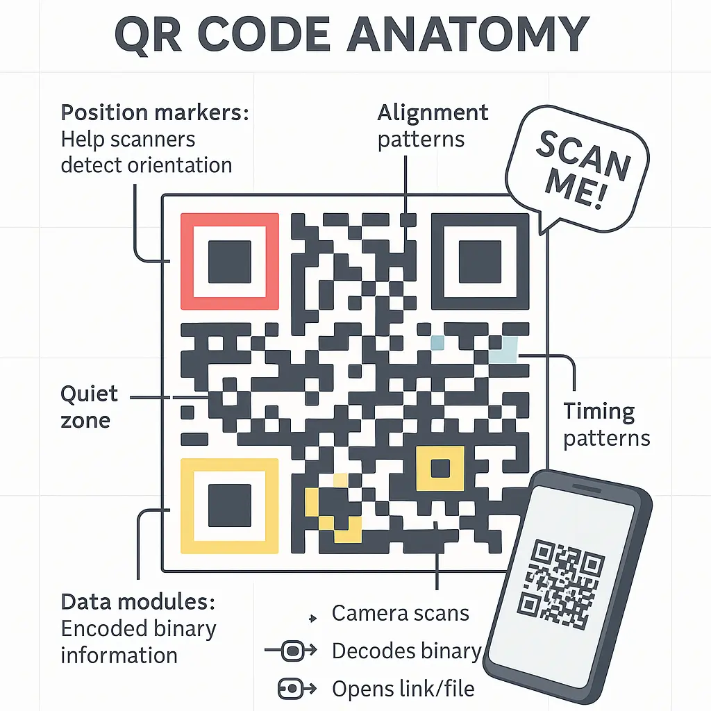 Anatomy of a QR code showing position markers, alignment patterns and data modules