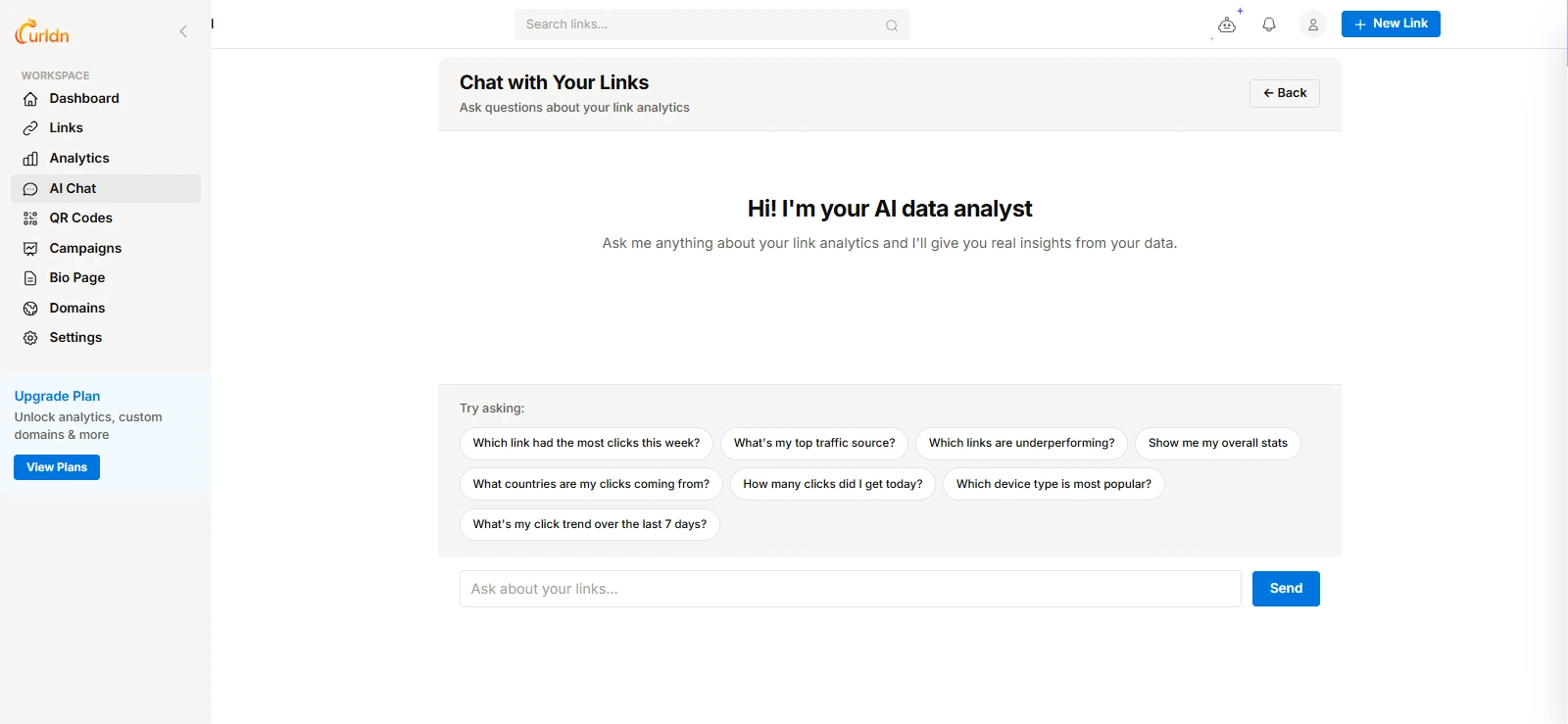 URLdn AI data analyst — ask questions about your link performance in plain English