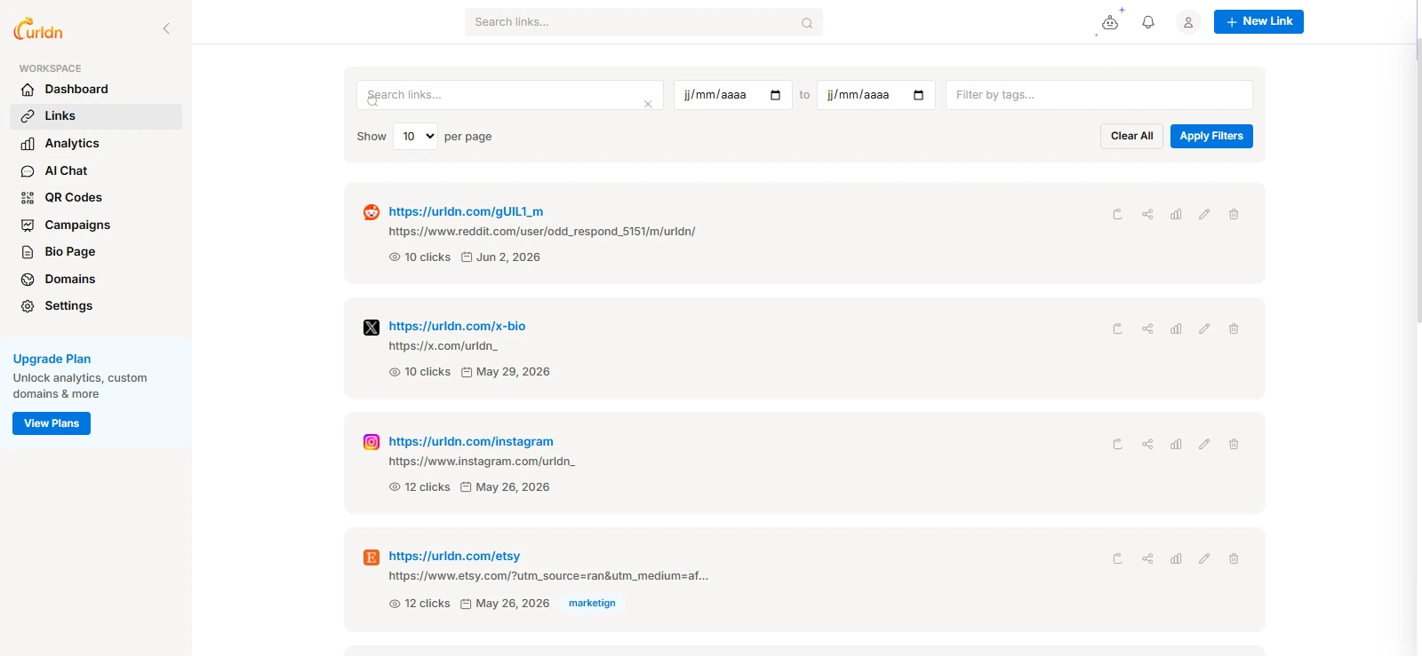 URLdn link management dashboard — view and manage all your shortened links in one place