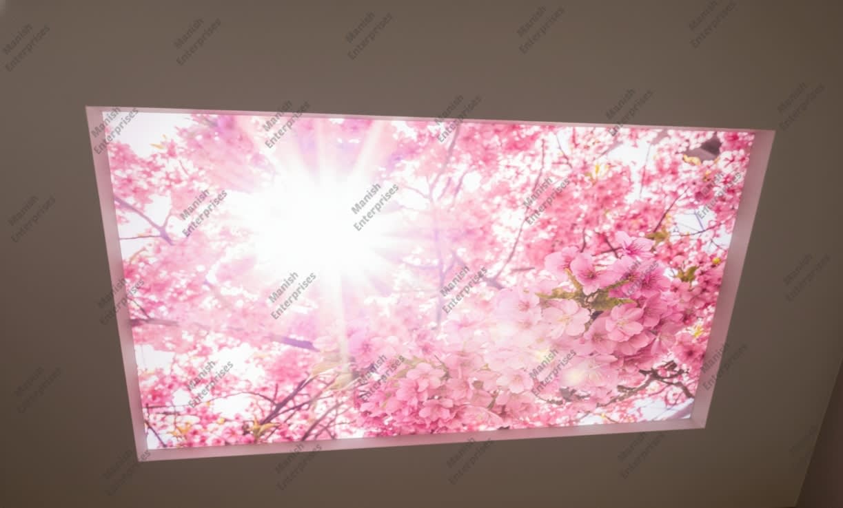 Bright Sunlit Pink Blossom Backlit Acrylic Ceiling Sheet – Floral Sky Ceiling Panel