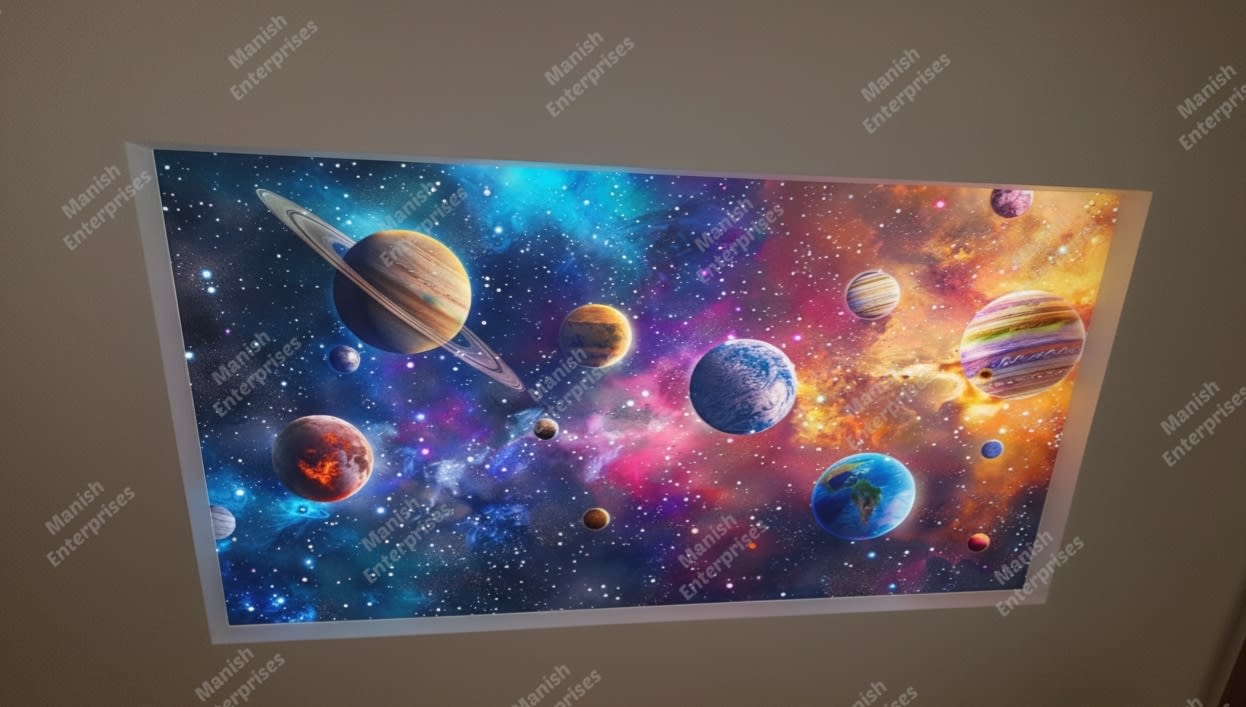 Vibrant Galaxy Planets Backlit Acrylic Ceiling Sheet – Colourful Space Ceiling Panel