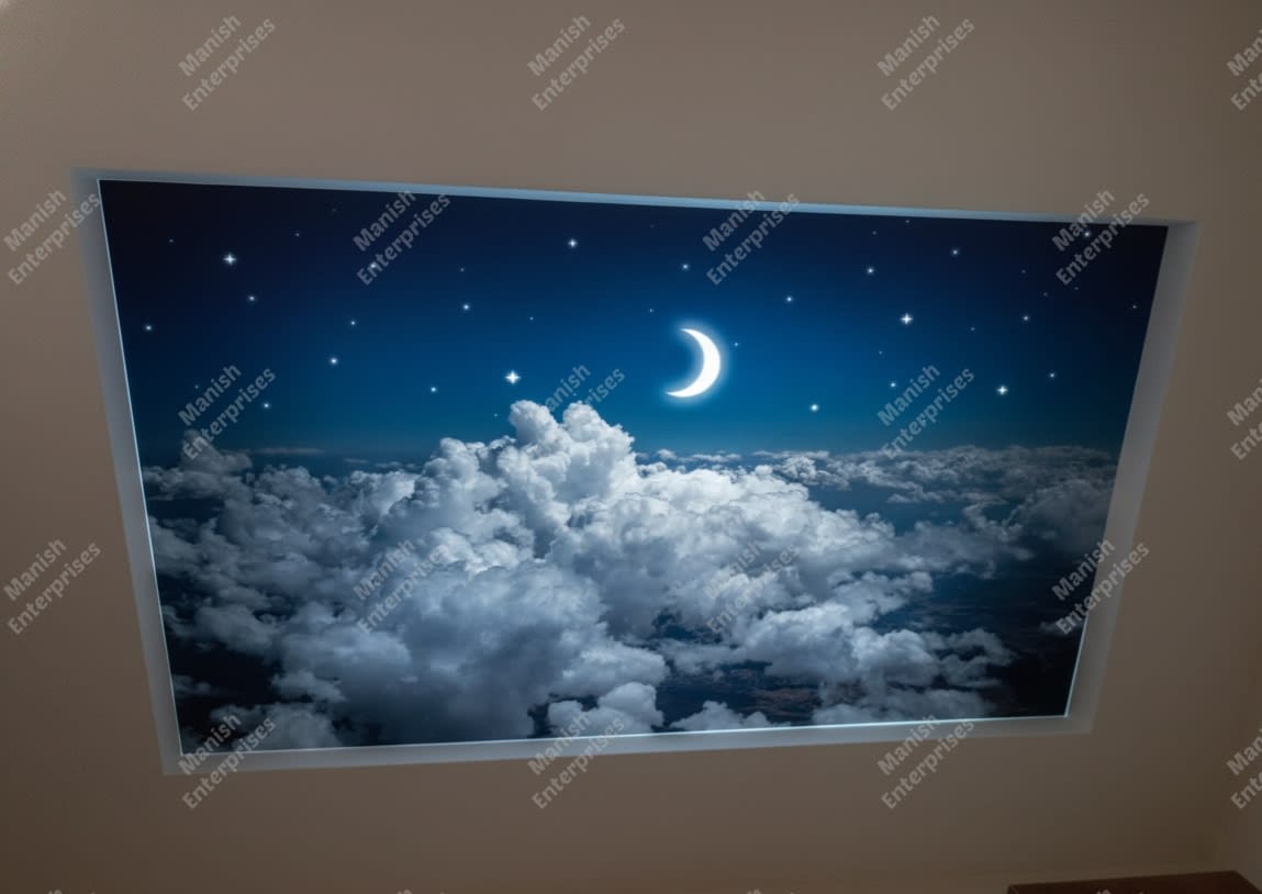 Crescent Moon Over Clouds Backlit Acrylic Ceiling Sheet – Night Sky Glow Panel