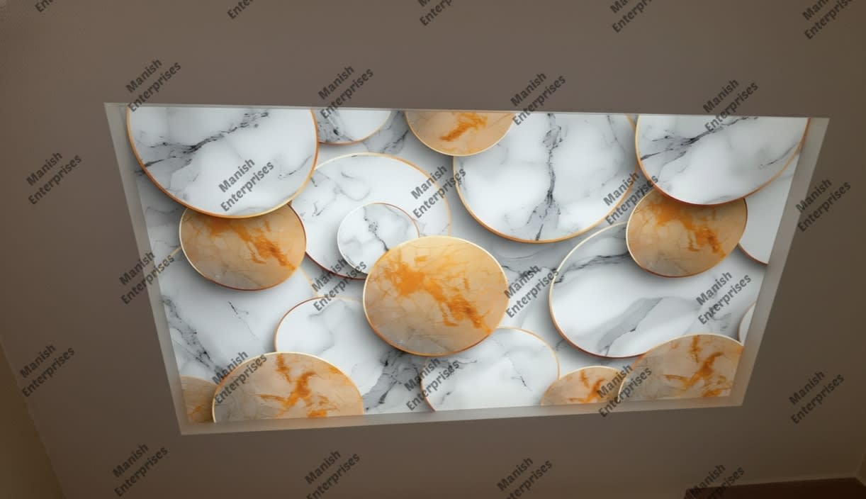 3D Golden Marble Circles Backlit Acrylic Ceiling Sheet – Abstract Layered Panel