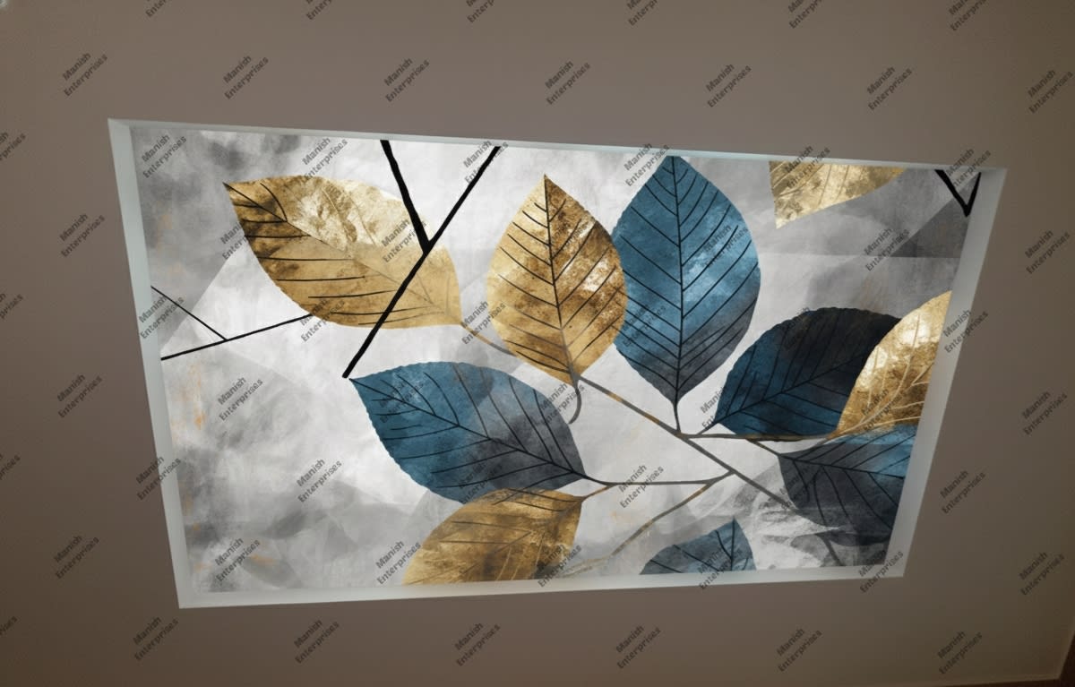 3D Teal Gold Abstract Leaf Backlit Acrylic Ceiling Sheet