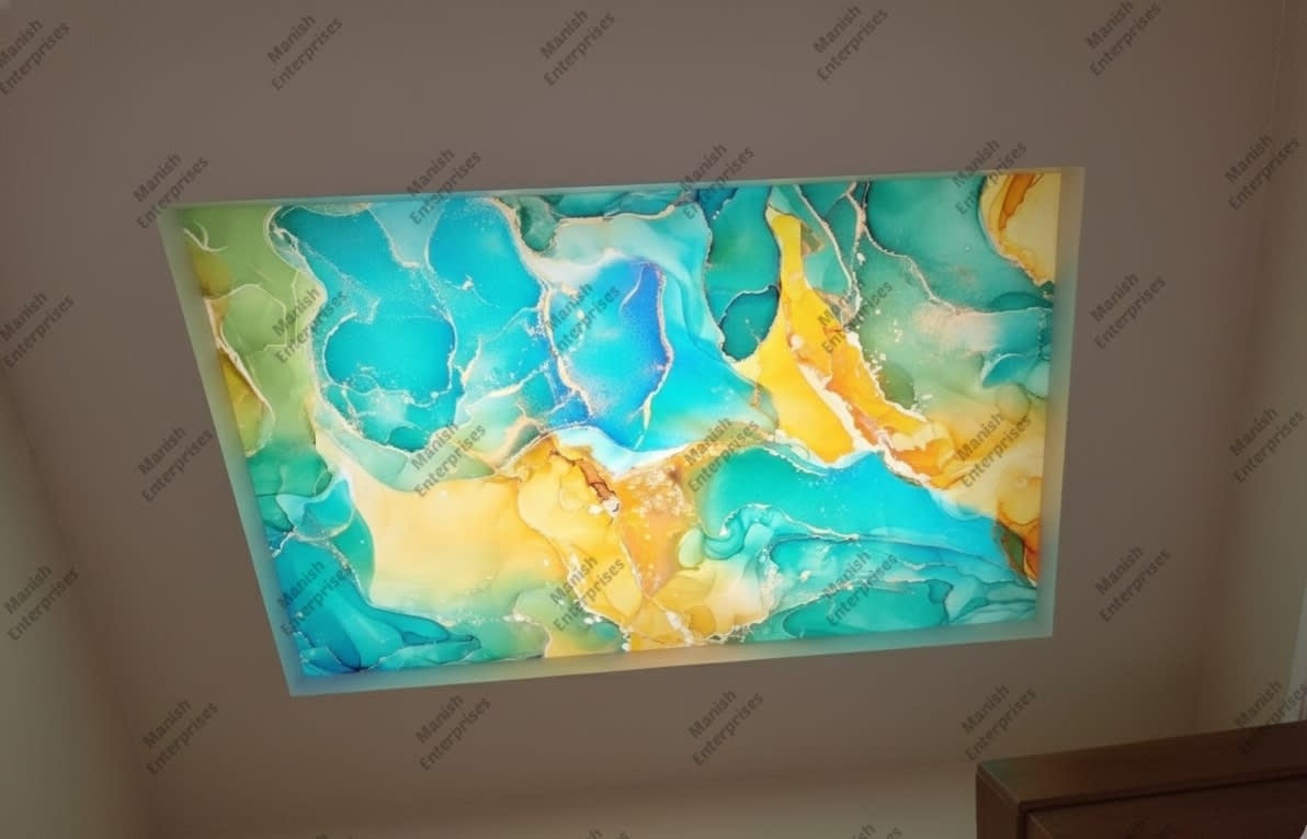 Teal Yellow Marble Abstract Acrylic Ceiling Sheet