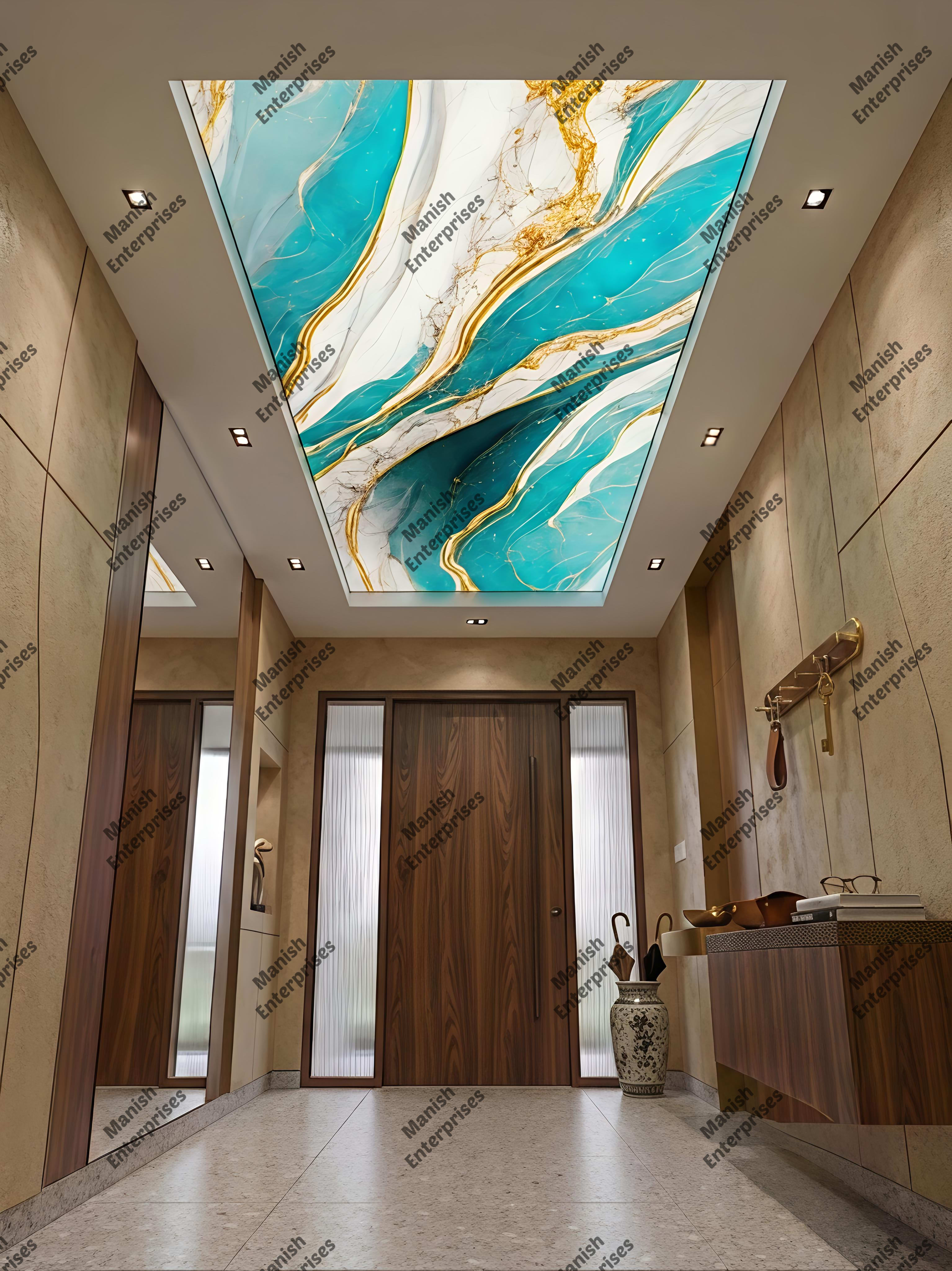 Aqua Gold Marble Acrylic Ceiling Sheet for Foyer Ceiling Design
