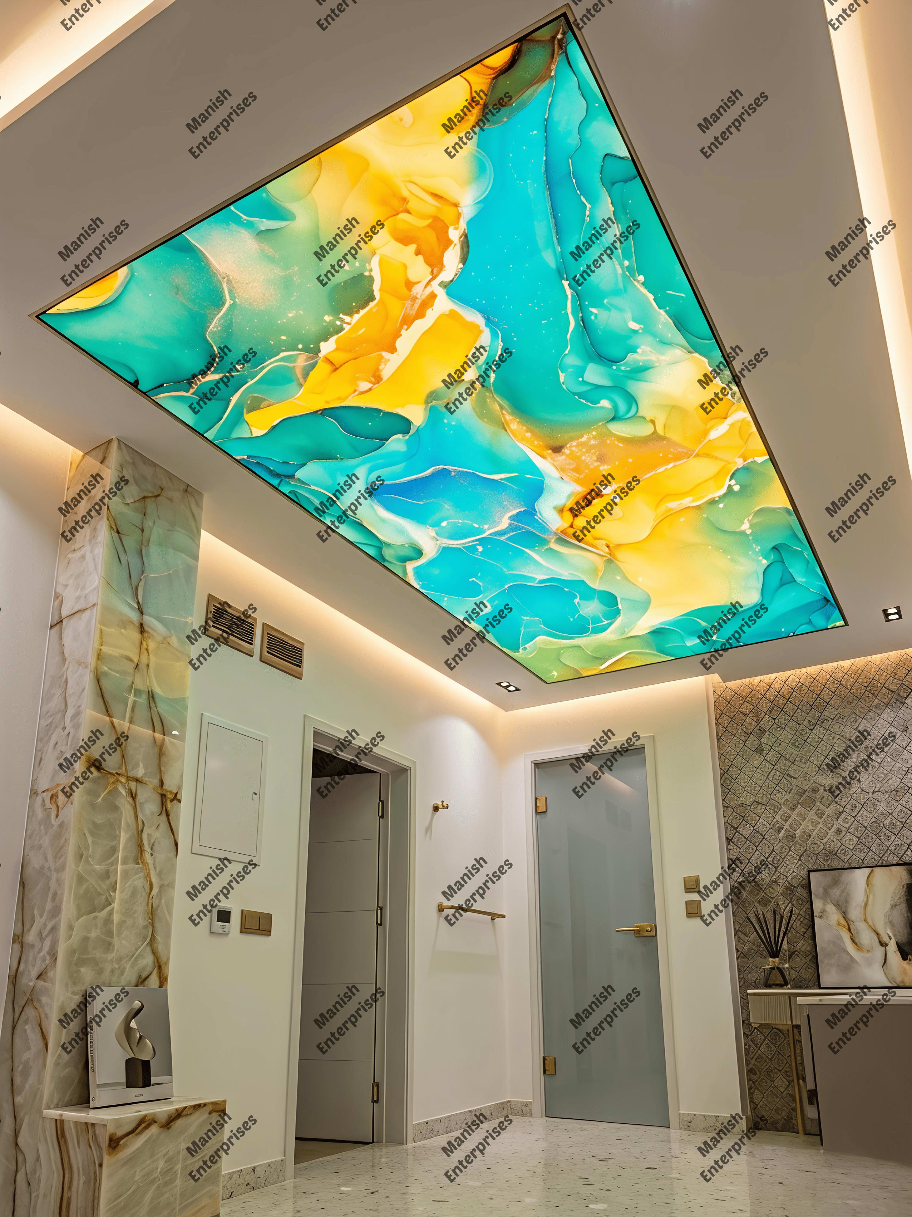 Turquoise Gold Abstract Acrylic Ceiling Sheet for Foyer & Entrance Ceiling Design