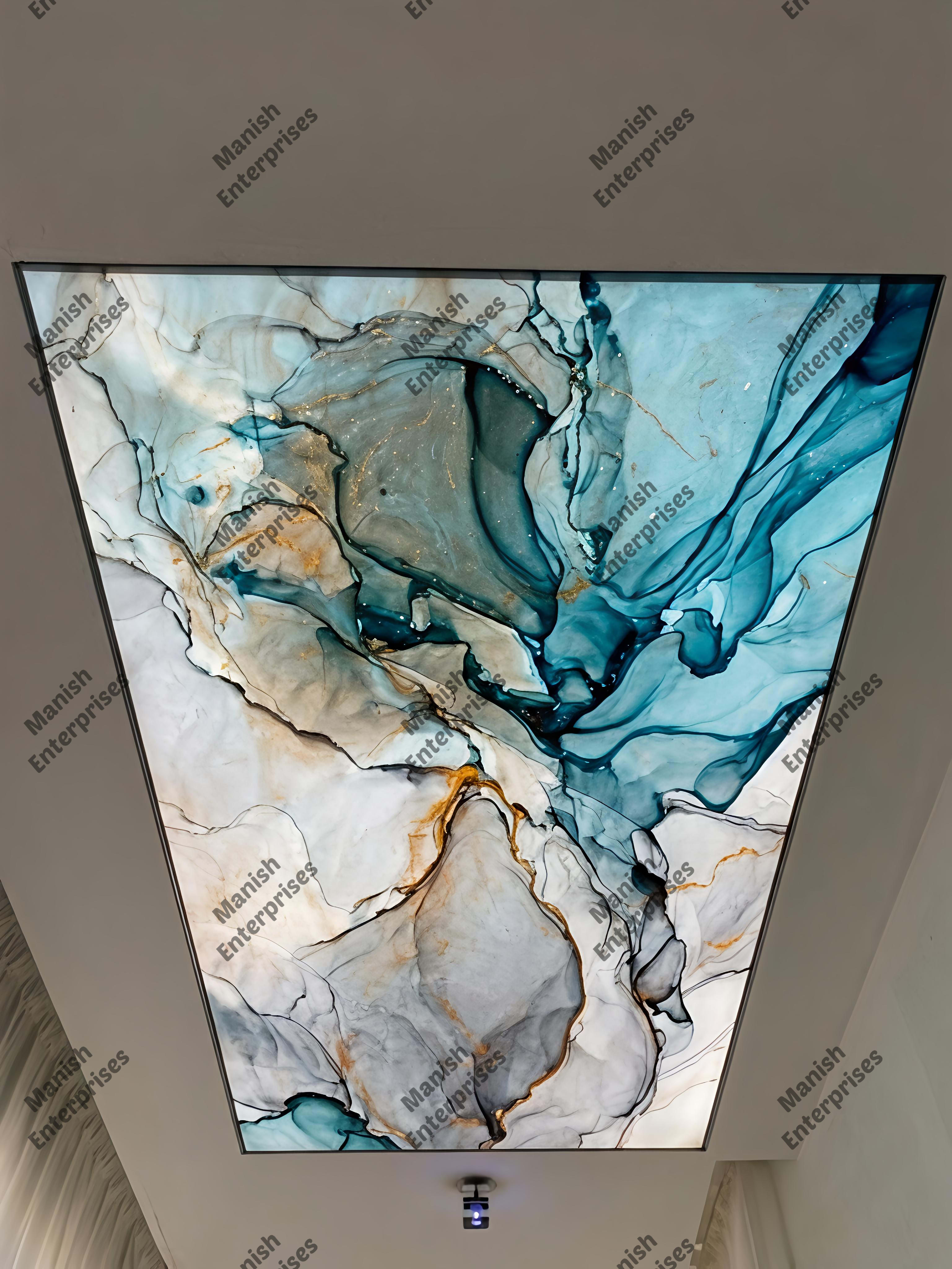 Blue White Abstract Marble Acrylic Ceiling Sheet for Passage Backlit Ceiling Design