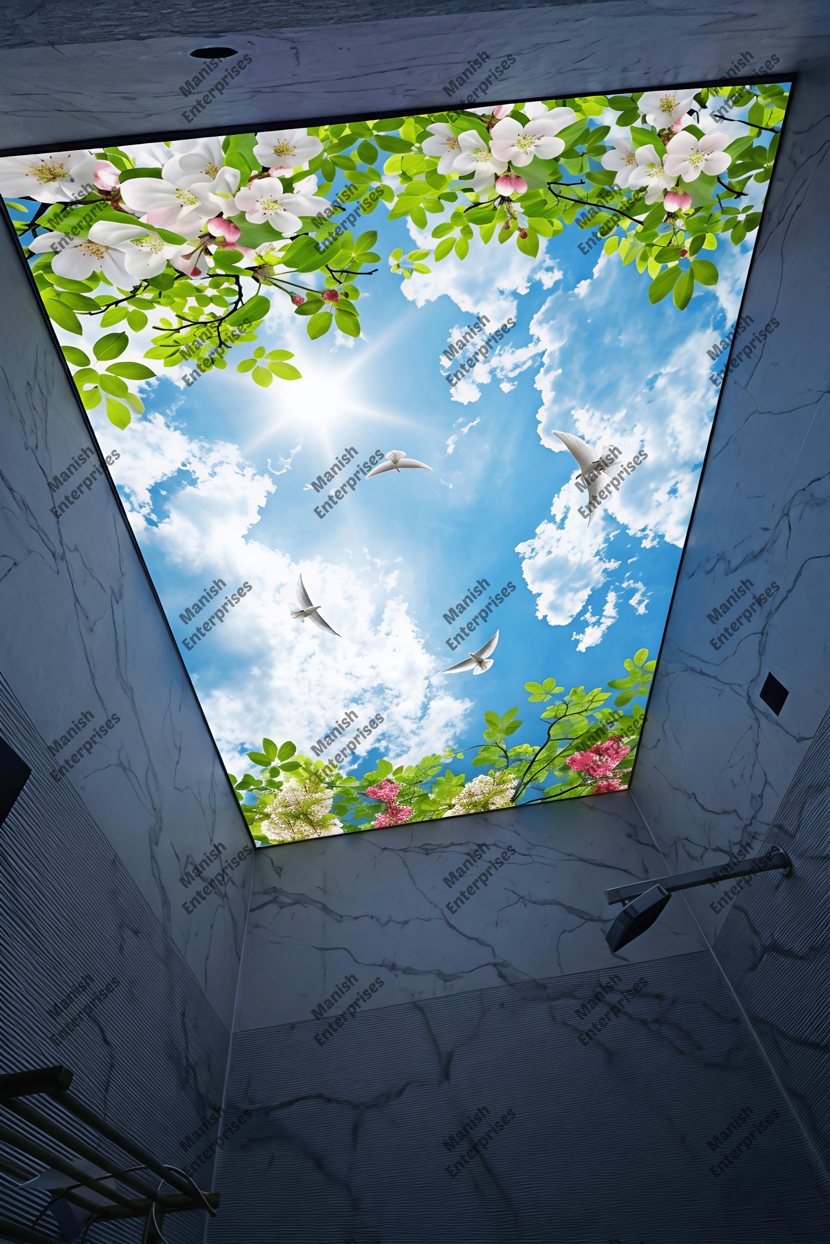 Spring Sky Birds Acrylic Ceiling Sheet for Bathroom Backlit Ceiling Design