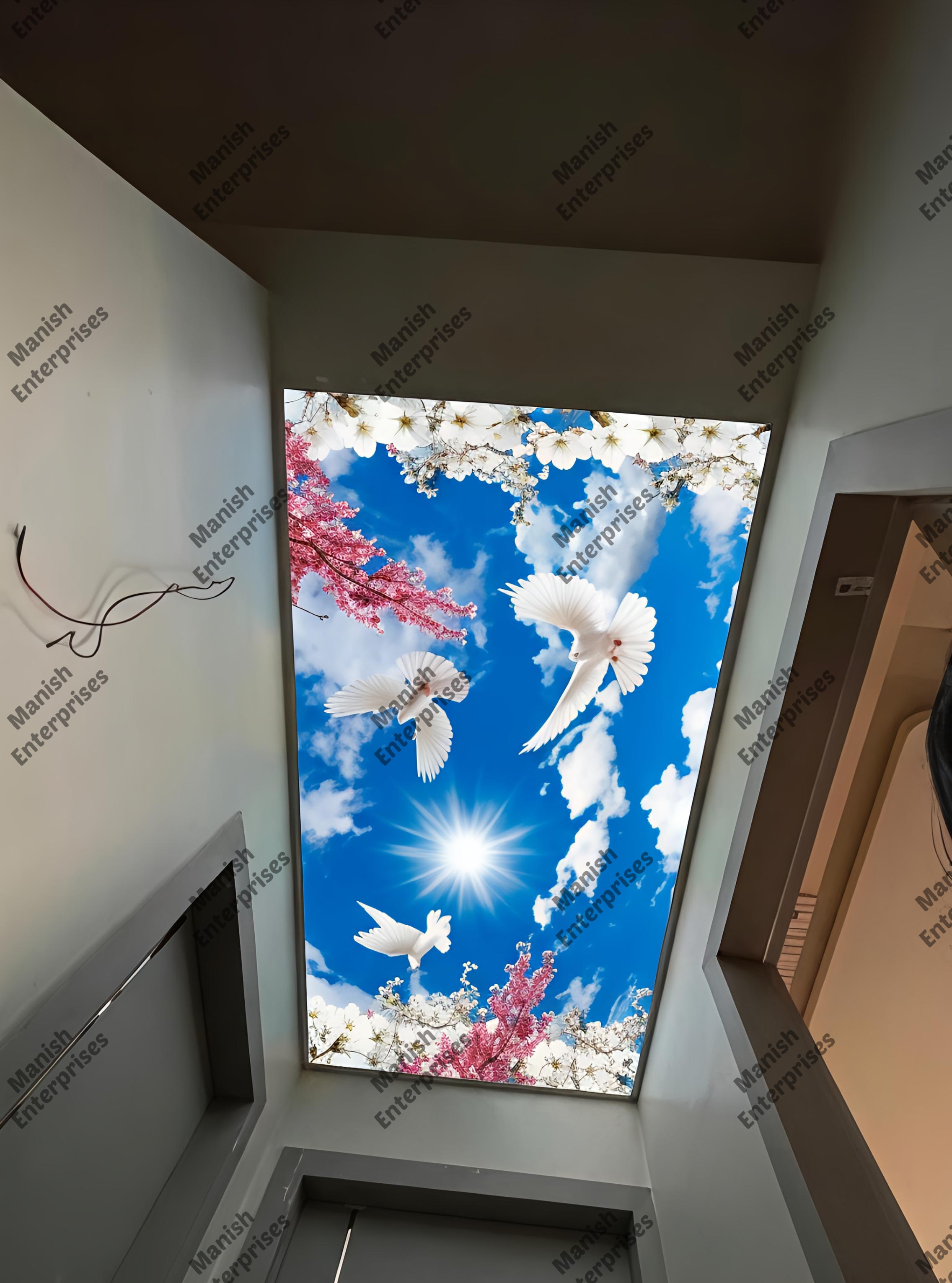 Blue Sky White Doves Floral Acrylic Ceiling Sheet for Passage Backlit Ceiling Design