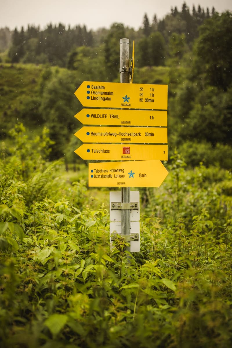 Wegweiser im Glemmtal mit verschiedenen Wanderzielen und Zeiten.