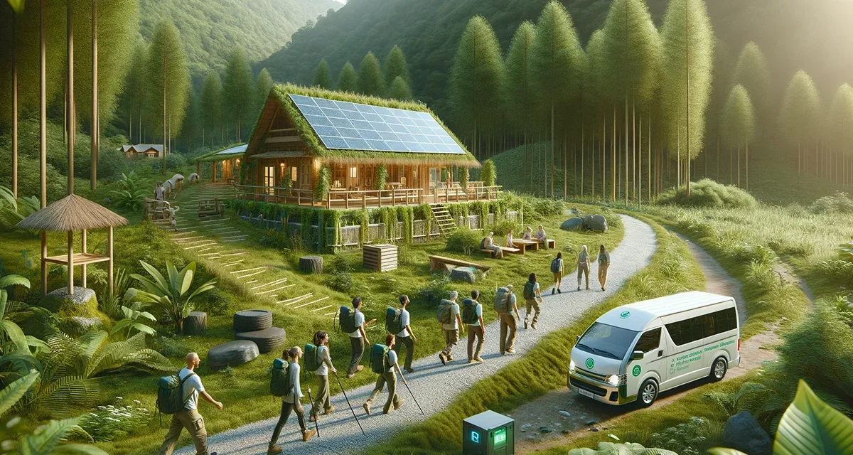 A diverse group of tourists in a green forest, an eco-lodge, and an electric vehicle, all emphasizing sustainable tourism practices.