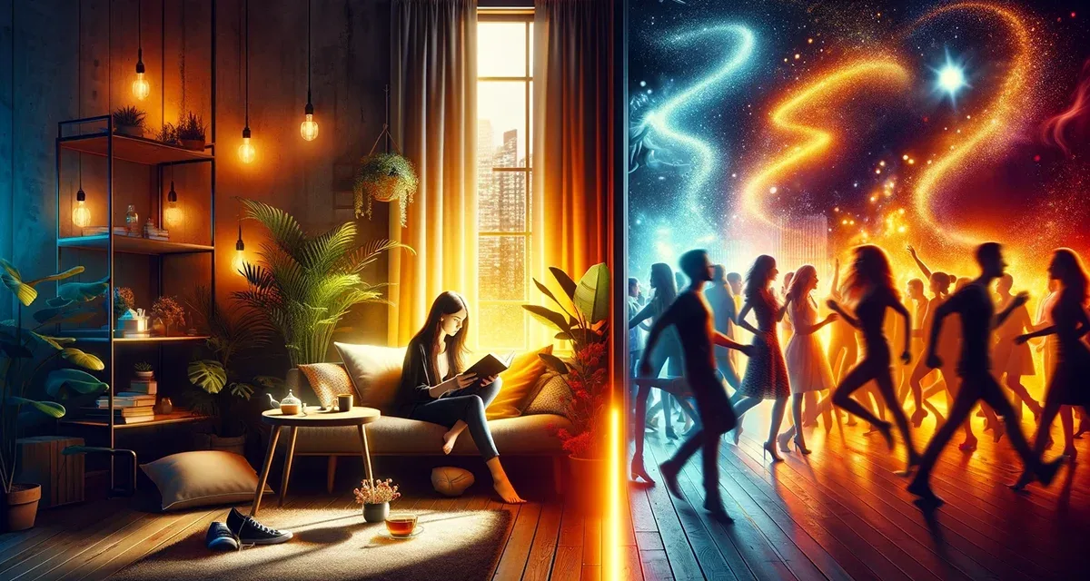 On one side a girl reading, the other side people partying, displaying the complexities of introversion and extroversion