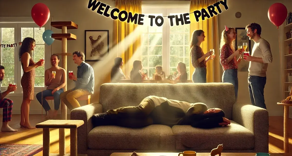 It shows a relaxed person napping in a sunbeam on a cozy couch at a social gathering embracing his inner cat, with others socializing in the background.