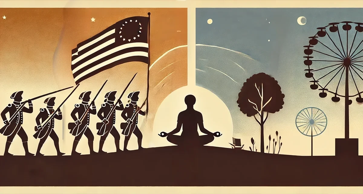Split-screen image: Left side shows colonial soldiers and American flag; right side shows a person meditating, symbolizing historical and personal growth - the power of experience