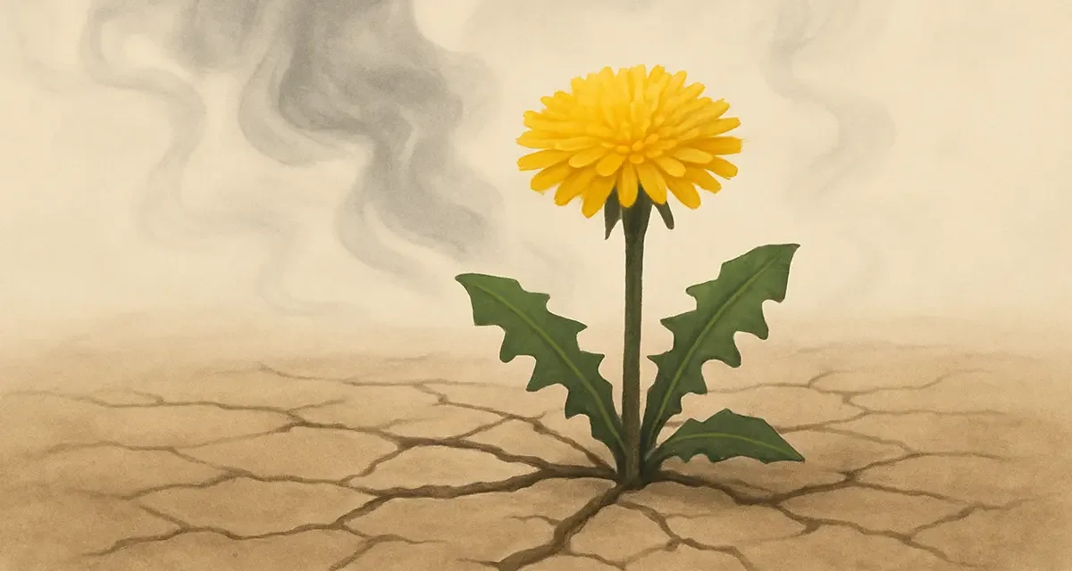 A single, resilient dandelion growing in slightly cracked earth. In the background, faint wisps of smoke are still visible, suggesting a past presence that hasn't completely vanished like lung cancer risk.