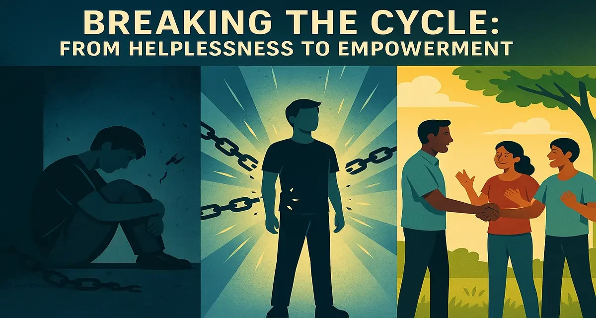 Triptych showing a man breaking free from oppression and finding empowerment.