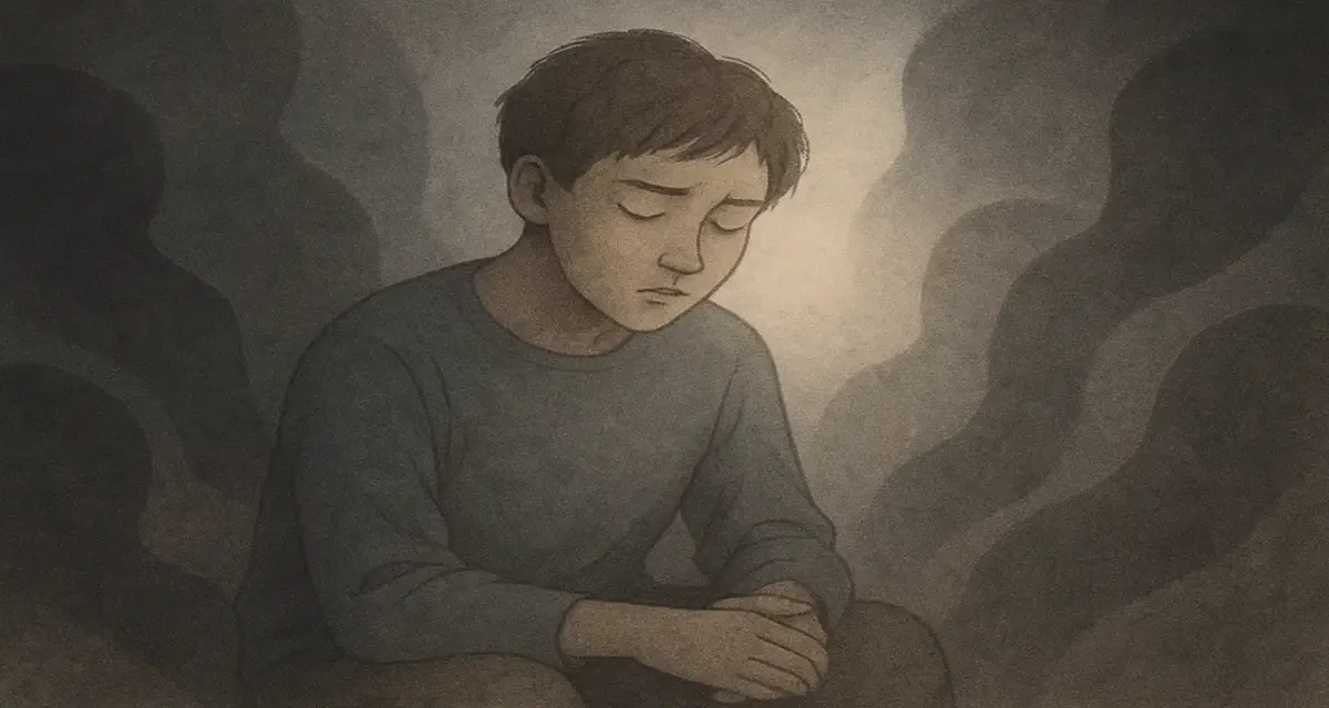 A young person sits with eyes closed, surrounded by shadowy forms symbolizing the internalization of societal negativity.